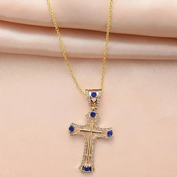 Cross Hip Hop Pendant Blue Stones with Necklace fine Jewelry Men Women - Picture 5 of 5